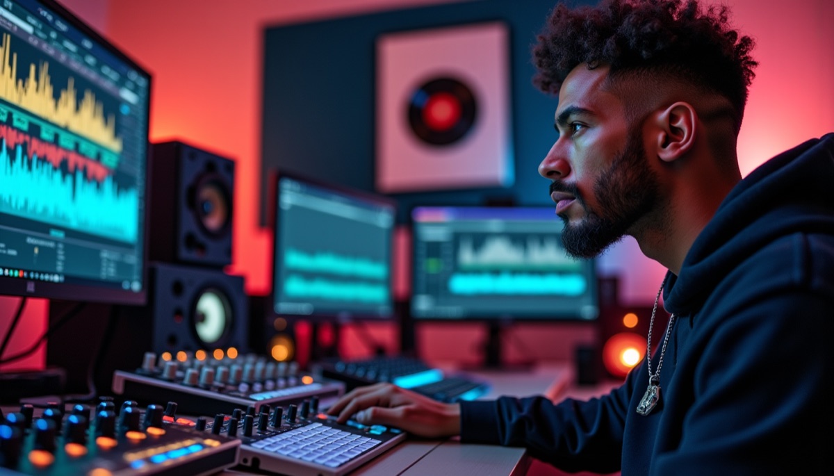 Ingénieur du son au travail sur le mixage d'un morceau de rap en studio